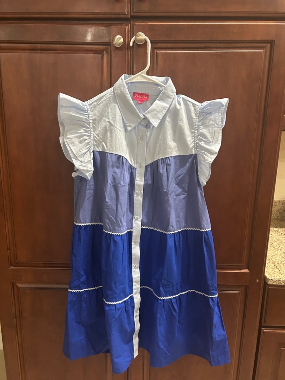 Baby Pink Color block Button Front Dress in Blue Hues